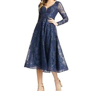 Mac Duggal Midnight Blue Floral Embroidered Sequin Beaded Midi Gown